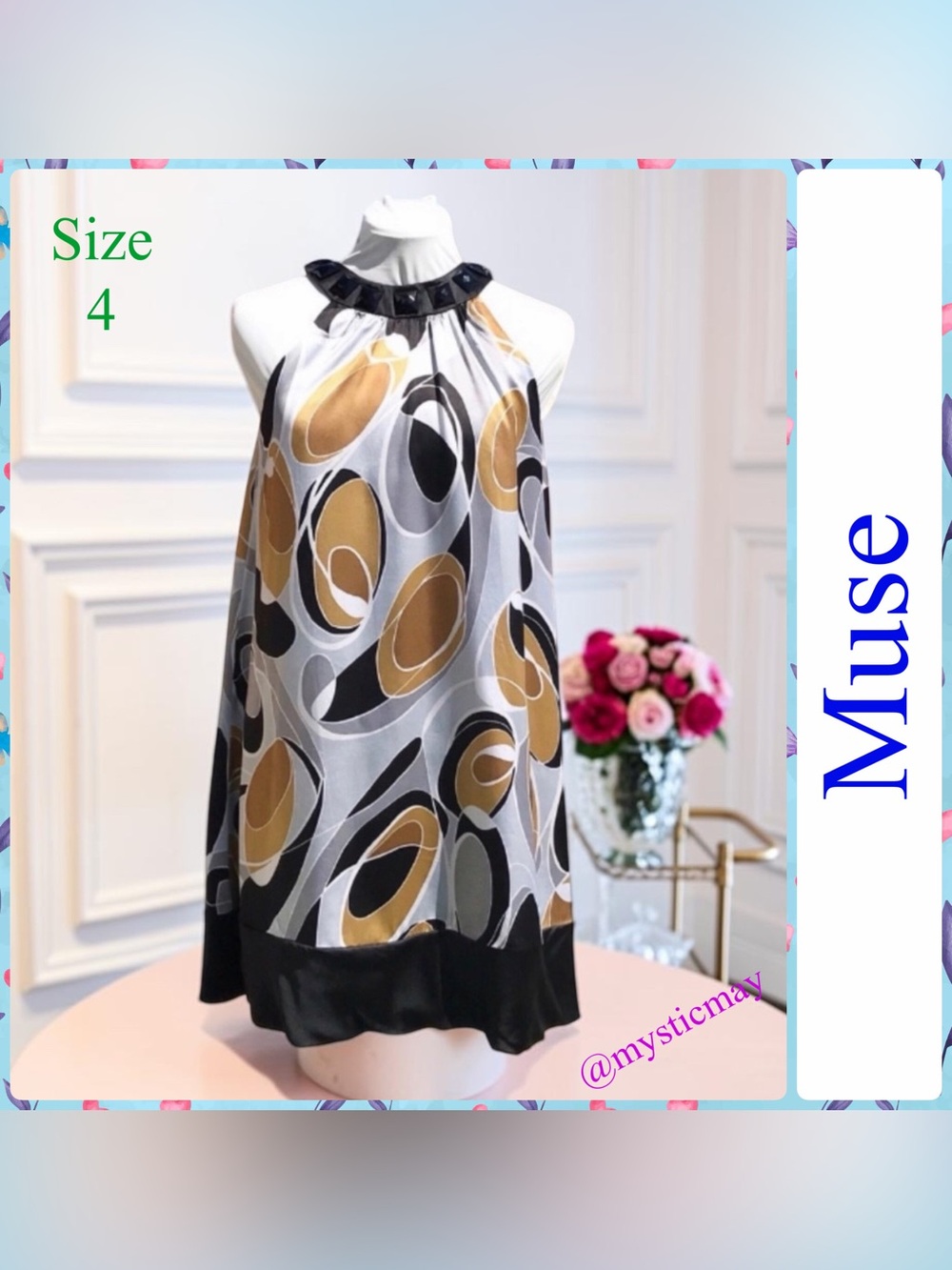 MUSE Retro 60s Vibe Silver & Gold Abstract Print Silk Halter Mini Dress Size 4